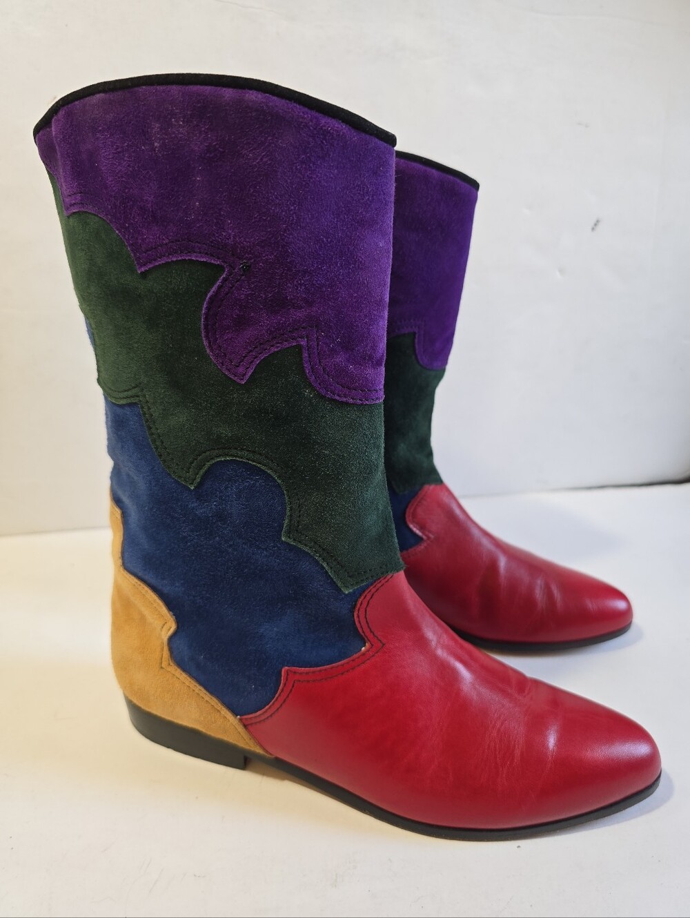 Vintage Vaneli Colorblock Mid-Calf Heeled Boots in Red, Purple & Green Size 8